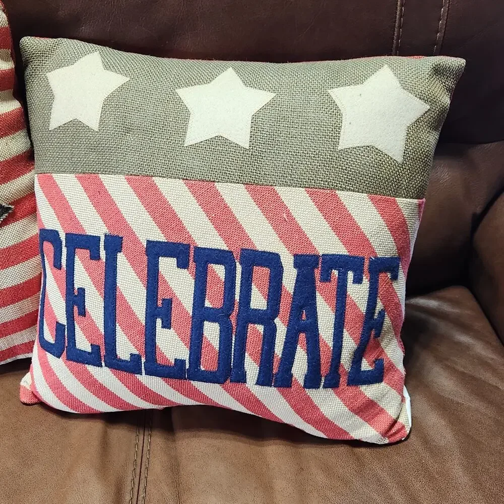 Jute Patriotic Pillows Indoor Outdoor Berlap Stars Patchwork 4th Of July America